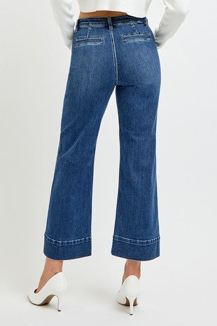 RISEN HIGH RISE PINTUCK CROP WIDE JEANS--DARK