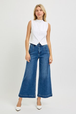 RISEN TUMMY CONTROL ELASTIC BAND HIGH RISE CROP JEANS
