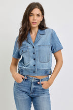 RISEN SHORT SLEEVE DENIM SHIRT--MEDIUM WASH