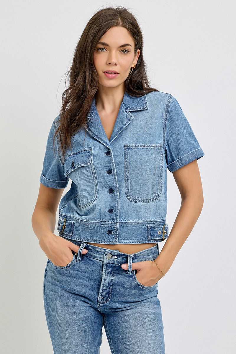 RISEN SHORT SLEEVE DENIM SHIRT--MEDIUM WASH