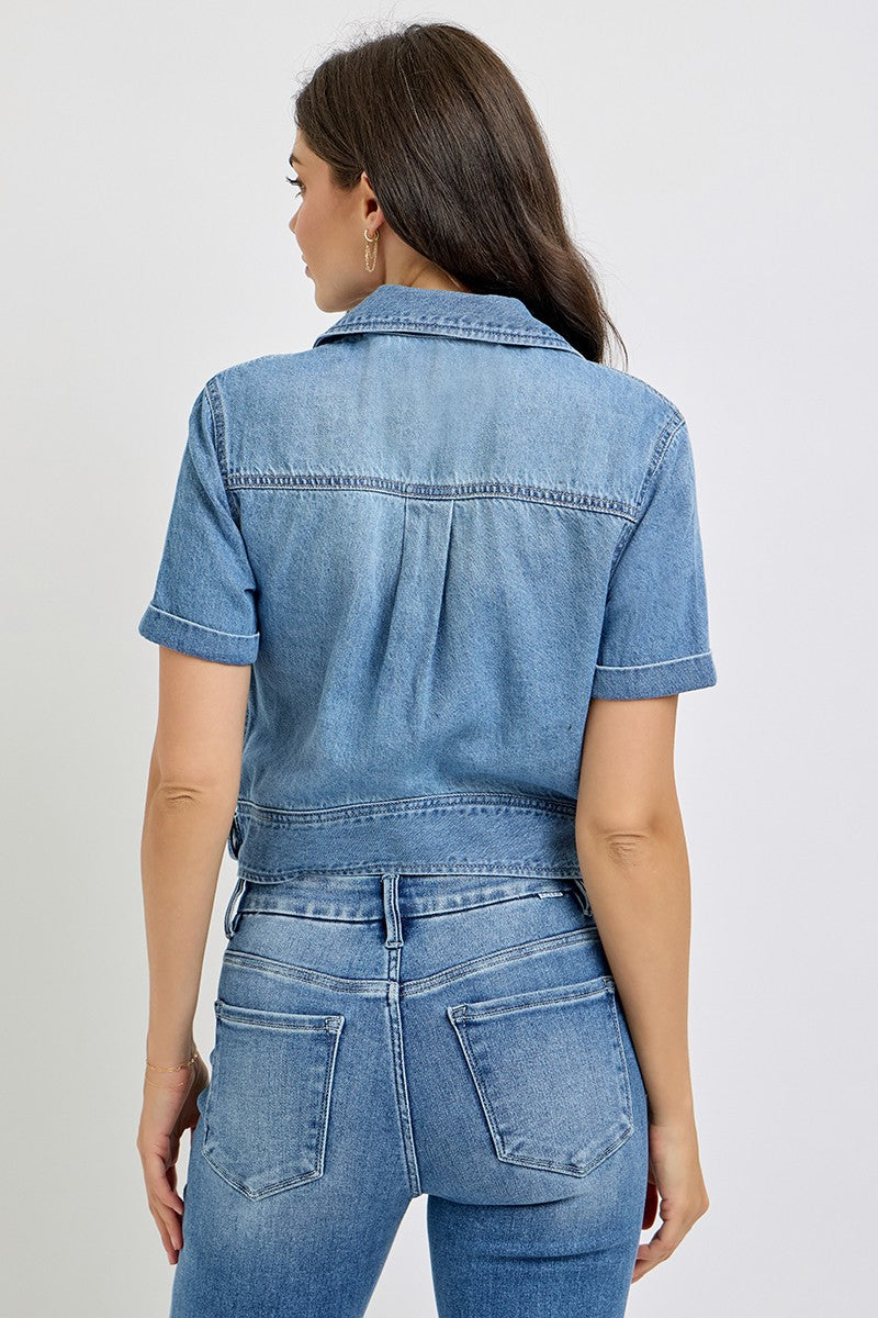 RISEN SHORT SLEEVE DENIM SHIRT--MEDIUM WASH
