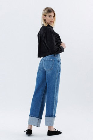 VERVET SUPER HIGH RISE BAGGY CUFFED JEANS--DK. WASH