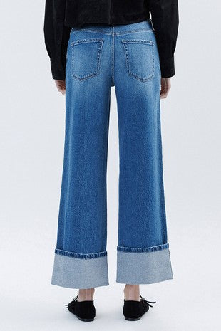 VERVET SUPER HIGH RISE BAGGY CUFFED JEANS--DK. WASH