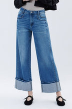 VERVET SUPER HIGH RISE BAGGY CUFFED JEANS--DK. WASH
