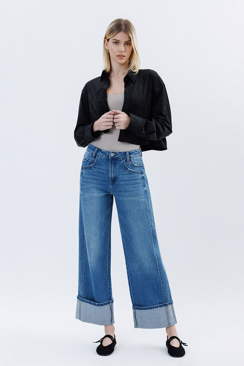 VERVET SUPER HIGH RISE BAGGY CUFFED JEANS--DK. WASH