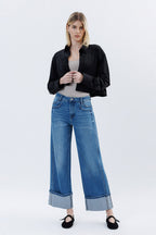 VERVET SUPER HIGH RISE BAGGY CUFFED JEANS--DK. WASH