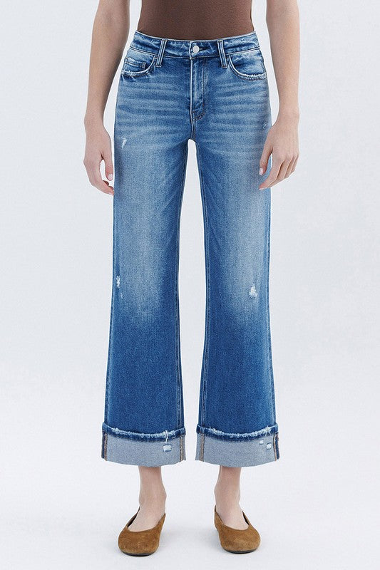 FLYING MONKEY--HIGH RISE CUFFED SLIM WIDE LEG--DK