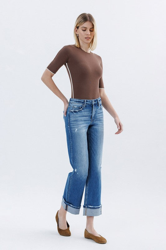 FLYING MONKEY--HIGH RISE CUFFED SLIM WIDE LEG--DK