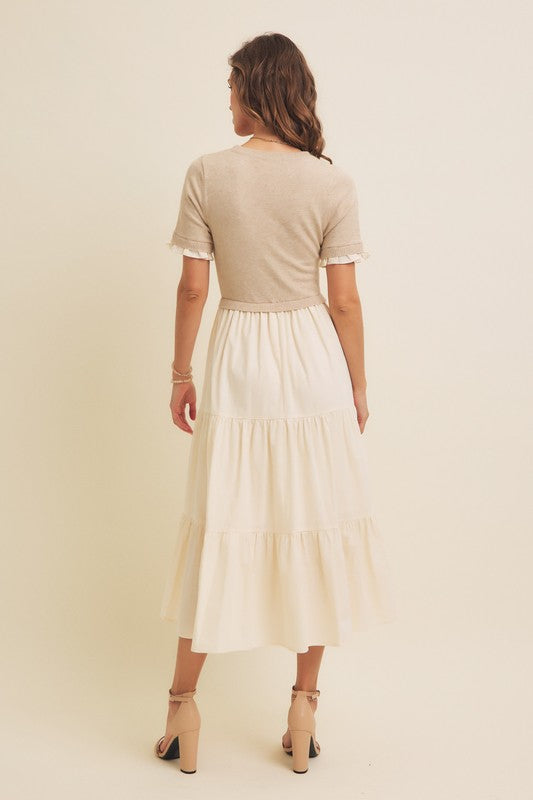 TIERED MIDI DRESS WITH SWEATER TOP--NATURAL