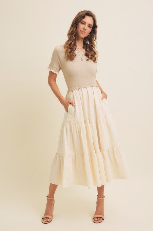 TIERED MIDI DRESS WITH SWEATER TOP--NATURAL