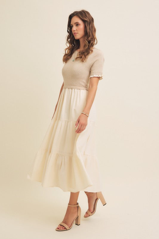 TIERED MIDI DRESS WITH SWEATER TOP--NATURAL
