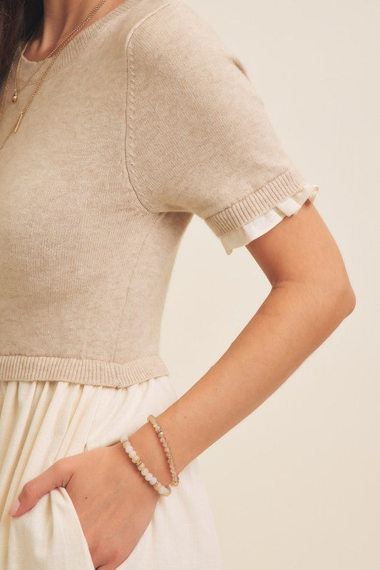 TIERED MIDI DRESS WITH SWEATER TOP--NATURAL