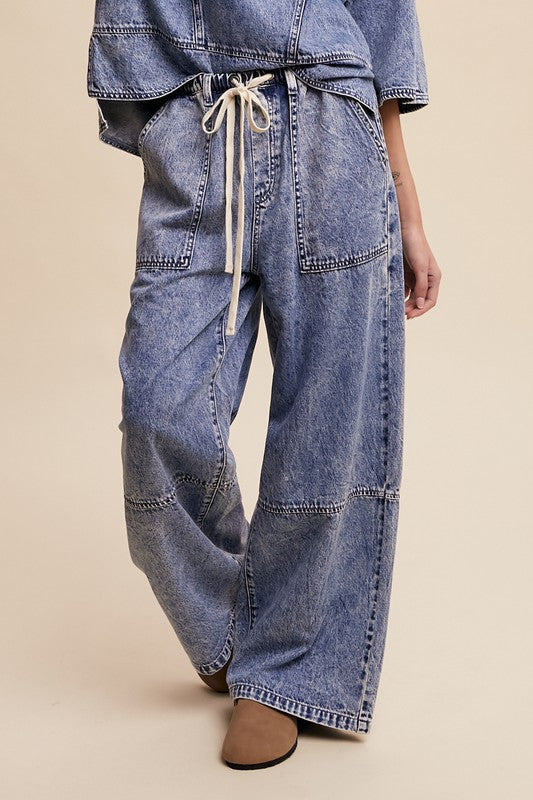 WIDE LEG DENIM DRAWSTRING PANTS--BLUE DENIM
