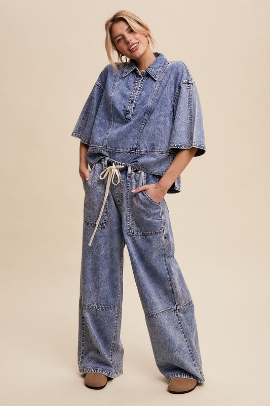 WIDE LEG DENIM DRAWSTRING PANTS--BLUE DENIM