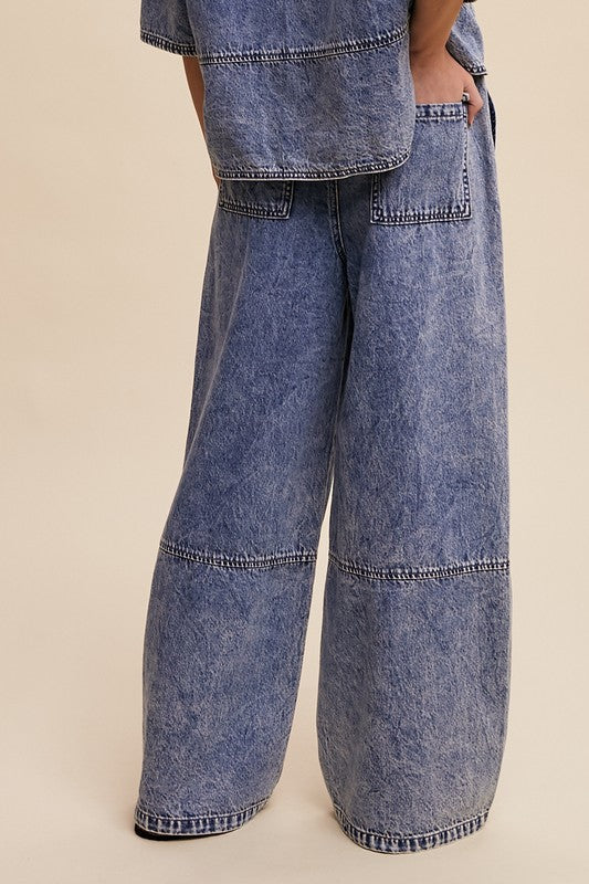 WIDE LEG DENIM DRAWSTRING PANTS--BLUE DENIM