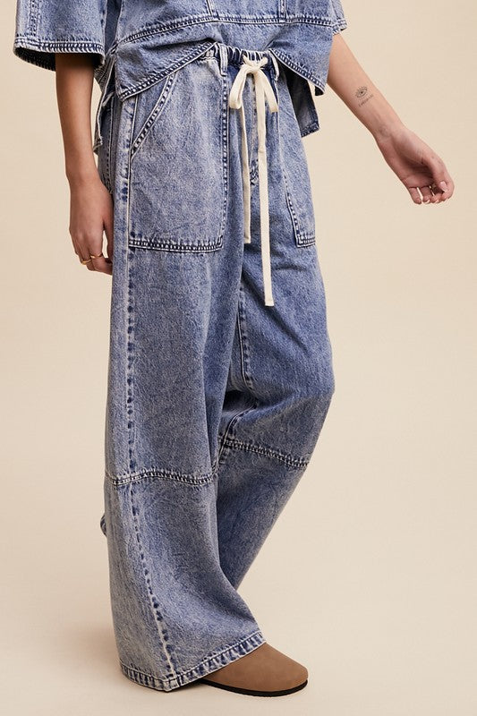WIDE LEG DENIM DRAWSTRING PANTS--BLUE DENIM
