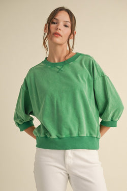 WASHED 3/4 SLEEVE TOP--GREEN