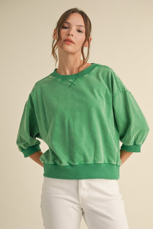 WASHED 3/4 SLEEVE TOP--GREEN