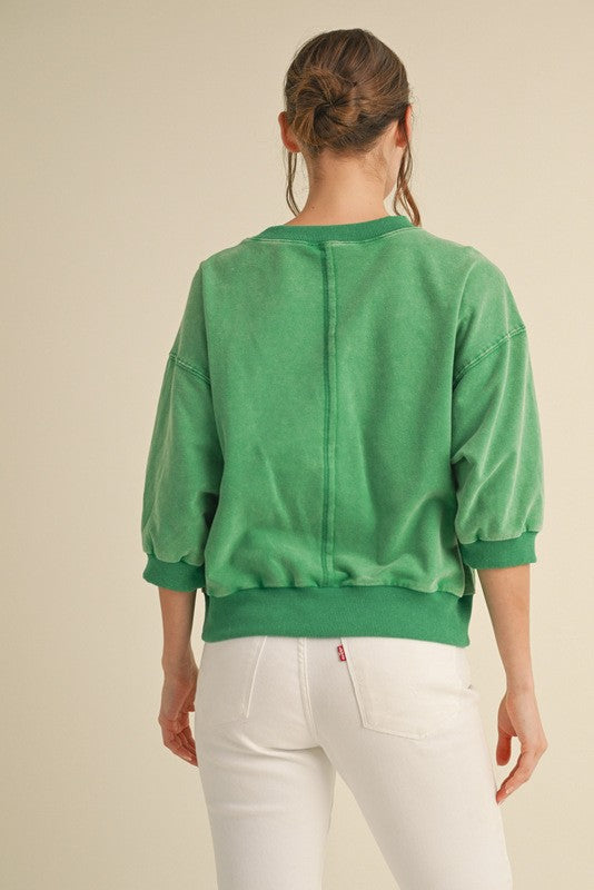 WASHED 3/4 SLEEVE TOP--GREEN