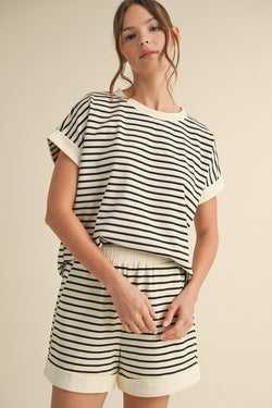 STRIPED SHORTS WITH ELASTIC WAISTBAND--IVORY/BLACK