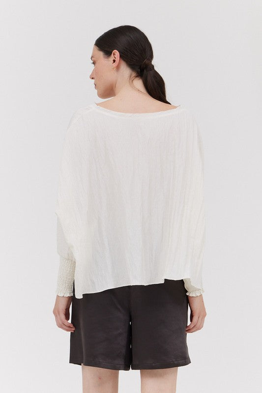 SMOCKED CUFF BOXY TOP--OFF WHITE