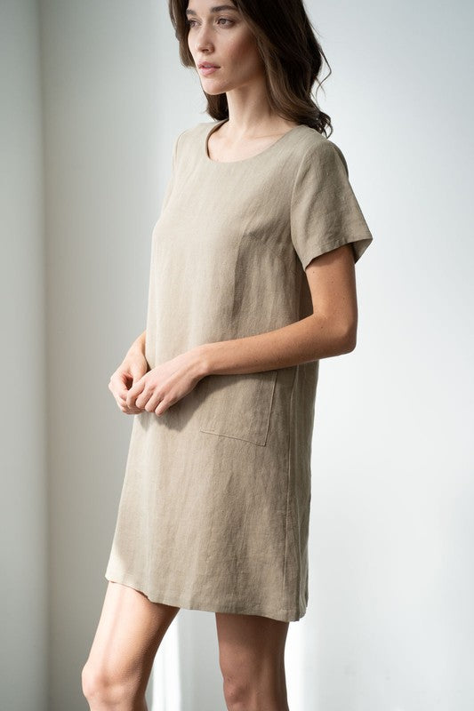 CREW NECK LINEN DRESS--OLIVE
