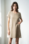 CREW NECK LINEN DRESS--OLIVE