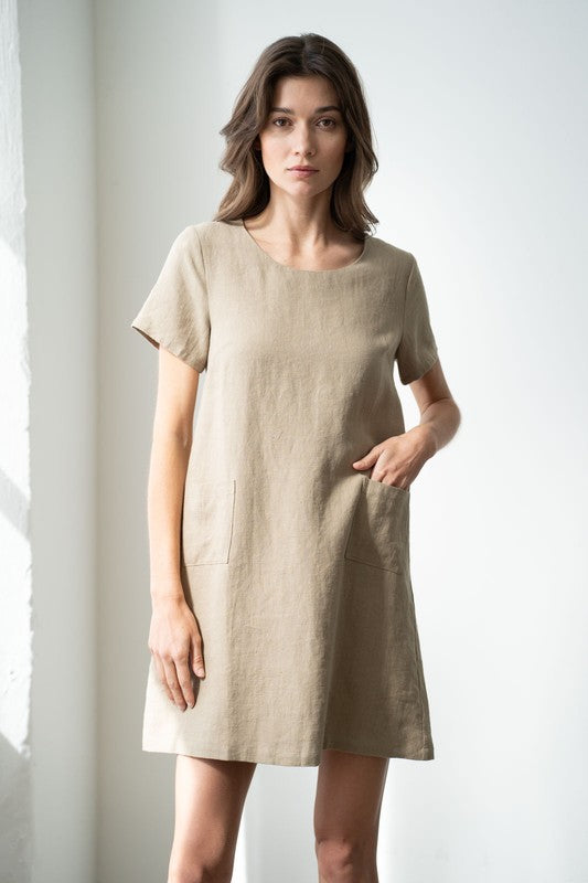 CREW NECK LINEN DRESS--OLIVE