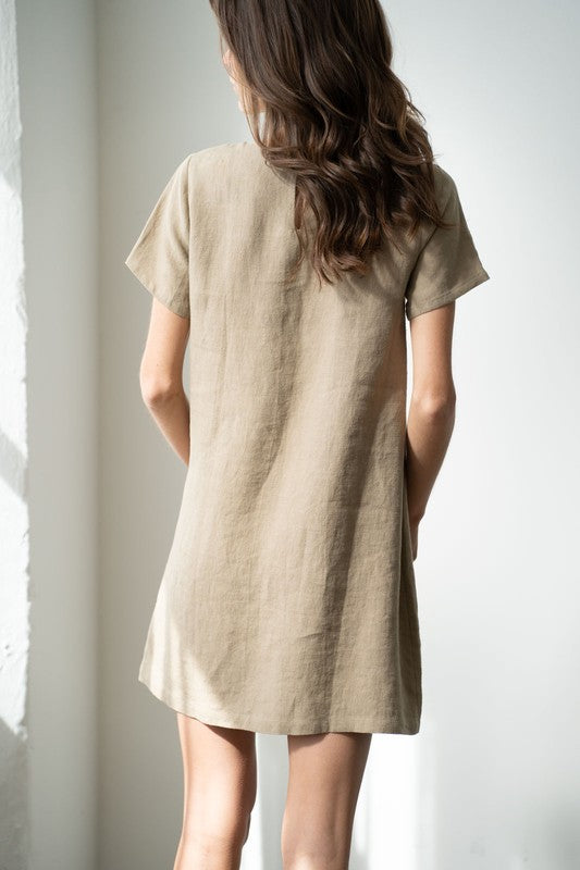 CREW NECK LINEN DRESS--OLIVE