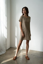 CREW NECK LINEN DRESS--OLIVE