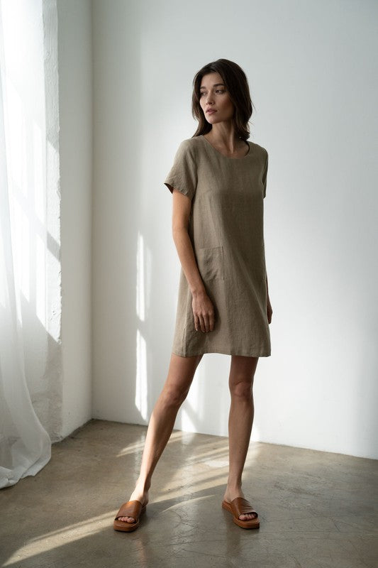 CREW NECK LINEN DRESS--OLIVE