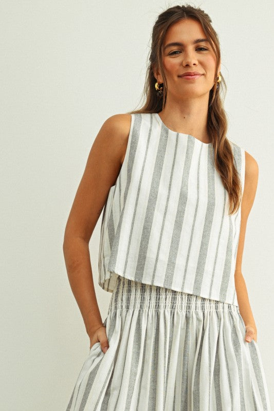 STRIPE SLEEVELESS TOP--BLACK/OATMEAL