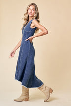 PANELED DENIM ZIP UP MIDI DRESS