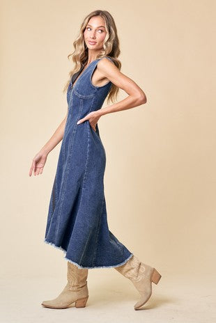 Paneled Denim Zip Up Midi Dress