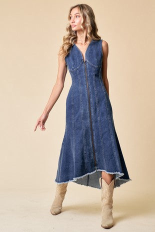 PANELED DENIM ZIP UP MIDI DRESS