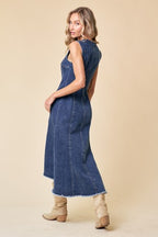 PANELED DENIM ZIP UP MIDI DRESS