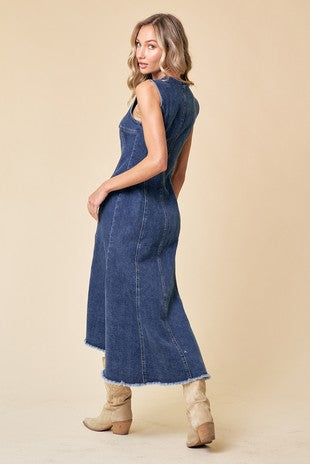 PANELED DENIM ZIP UP MIDI DRESS