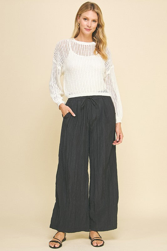 TEXTURED WIDE LEG PANTS--NAVY