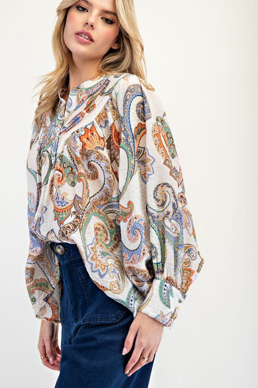 PAISLEY LONG SLEEVE TOP--BLUE MIX