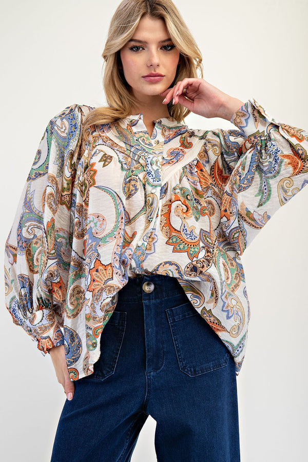 PAISLEY LONG SLEEVE TOP--BLUE MIX