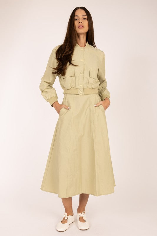 FLARE WOVEN LONG SKIRT--LIGHT LIME