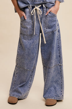 WIDE LEG DENIM DRAWSTRING PANTS--BLUE DENIM