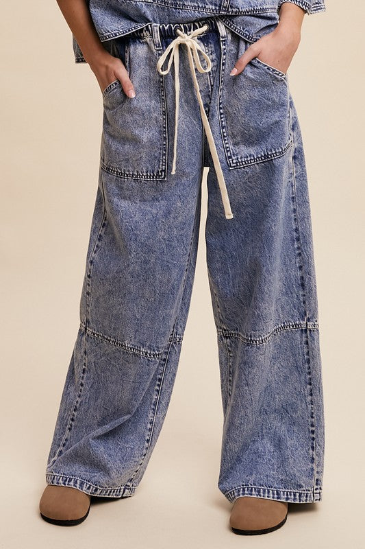 WIDE LEG DENIM DRAWSTRING PANTS--BLUE DENIM