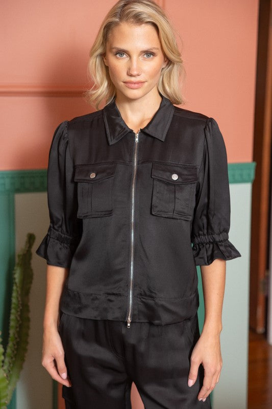 ZIP UP POCKET SATIN JACKET--BLACK