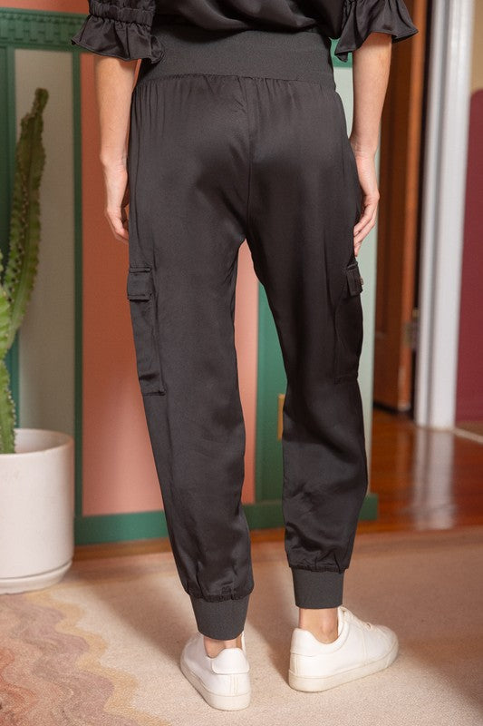 BANDED SATIN JOGGER PANTS--BLACK