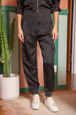 BANDED SATIN JOGGER PANTS--BLACK