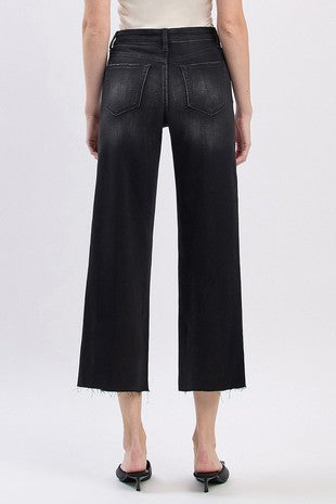 VERVET HIGH RISE RAW HEM CROP SLIM WIDE JEANS--BLACK