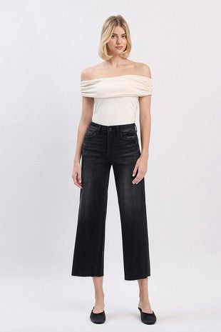 VERVET HIGH RISE RAW HEM CROP SLIM WIDE JEANS--BLACK