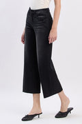 VERVET HIGH RISE RAW HEM CROP SLIM WIDE JEANS--BLACK