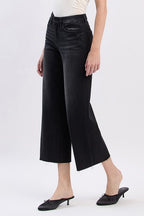 VERVET HIGH RISE RAW HEM CROP SLIM WIDE JEANS--BLACK